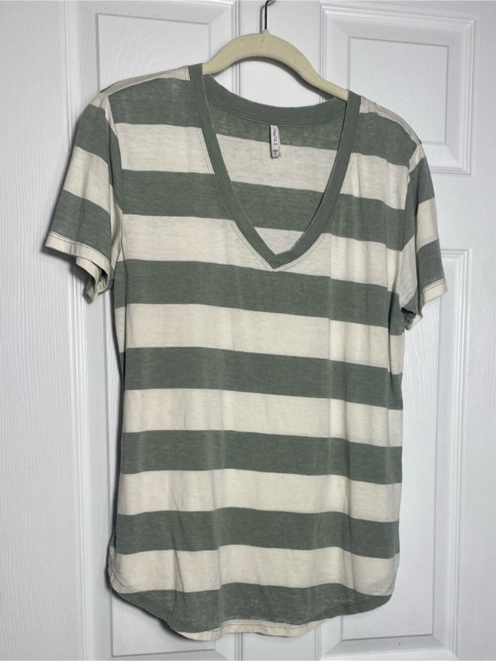 Women's Striped V-Neck Tee - Sage Green & off White